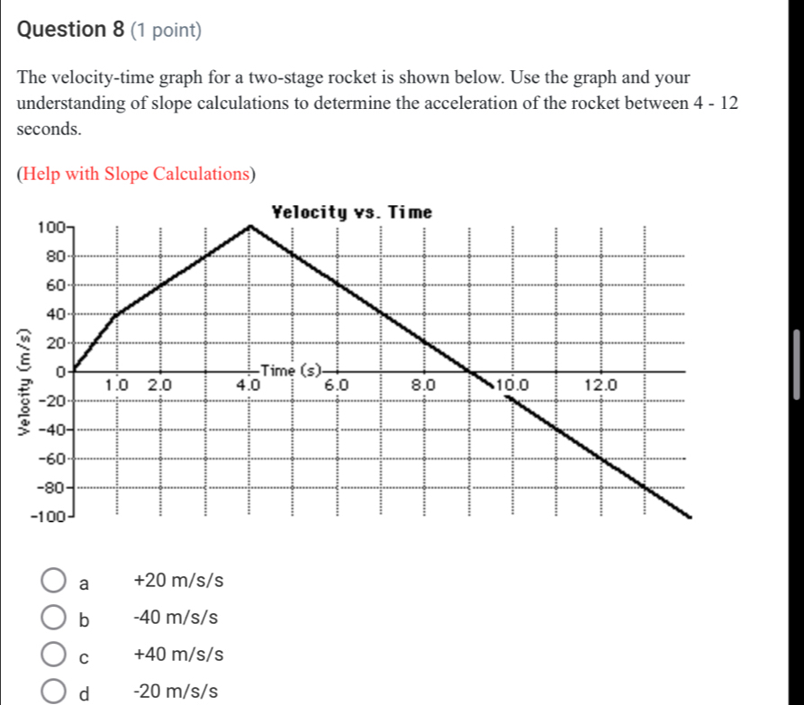 The velocity-time graph for a two-stage rocket is shown below. Use the graph and your
understanding of slope calculations to determine the acceleration of the rocket between 4-12
seconds.
(Help with Slope Calculations)
a +20 m/s/s
b - 40 m/s/s
C + 40 m/s/s
d - 20 m/s/s