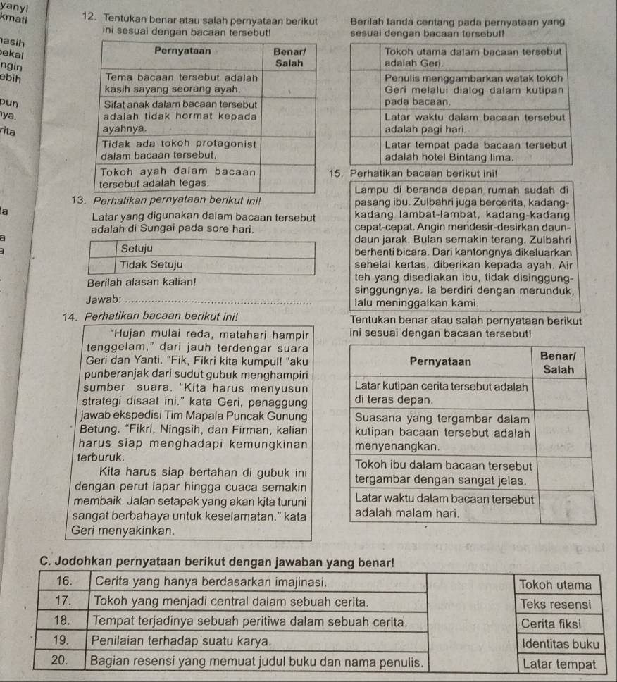 yanyi
kmati
12. Tentukan benar atau salah pernyataan berikut Berilah tanda centang pada pernyataan yang
ini sesuai dengan bacaan tersebut! sesuai dengan bacaan tersebut!
asih
ekal
ngin
ebih 
pun 
ya. 
rita
5. Perhatikan bacaan berikut ini!
Lampu di beranda depan rumah sudah di
13. Perhatikan pernyataan berikut ini! pasang ibu. Zulbahri juga bercerita, kadang-
ta kadang lambat-lambat, kadang-kadang
Latar yang digunakan dalam bacaan tersebut
adalah di Sungai pada sore hari. cepat-cepat. Angin mendesir-desirkan daun-
adaun jarak. Bulan semakin terang. Zulbahri
berhenti bicara. Dari kantongnya dikeluarkan
sehelai kertas, diberikan kepada ayah. Air
Berilah alasan kalian! teh yang disediakan ibu, tidak disinggung-
singgungnya. Ia berdiri dengan merunduk,
Jawab: _lalu meninggalkan kami.
14. Perhatikan bacaan berikut ini! Tentukan benar atau salah pernyataan berikut
“Hujan mulai reda, matahari hampir ini sesuai dengan bacaan tersebut!
tenggelam," dari jauh terdengar suara
Geri dan Yanti. “Fik, Fikri kita kumpul! "aku
punberanjak dari sudut gubuk menghampiri
sumber suara. “Kita harus menyusun 
strategi disaat ini." kata Geri, penaggung 
jawab ekspedisi Tim Mapala Puncak Gunung 
Betung. “Fikri, Ningsih, dan Firman, kalian 
harus siap menghadapi kemungkinan 
terburuk. 
Kita harus siap bertahan di gubuk ini 
dengan perut lapar hingga cuaca semakin
membaik. Jalan setapak yang akan kjta turuni 
sangat berbahaya untuk keselamatan.” kata 
Geri menyakinkan.
C. Jodohkan pernyataan berikut dengan jawaban yang b