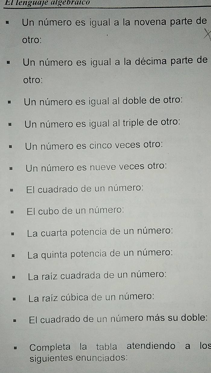 El lenguaje algébraico 
Un número es igual a la novena parte de 
otro: 
Un número es igual a la décima parte de 
otro: 
Un número es igual al doble de otro: 
Un número es igual al triple de otro: 
Un número es cinco veces otro: 
Un número es nueve veces otro: 
El cuadrado de un número: 
El cubo de un número: 
La cuarta potencia de un número: 
La quinta potencia de un número: 
La raíz cuadrada de un número: 
La raíz cúbica de un número: 
El cuadrado de un número más su doble: 
Completa la tabla atendiendo a los 
siguientes enunciados: