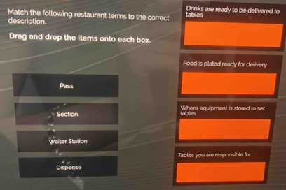 Drinks are ready to be delivered to 
Match the following restaurant terms to the correct tables 
description. 
Drag and drop the items onto each box. 
Food is plated ready for delivery 
Pass 
Where equipment is stored to set 
Section tables 
Waiter Station 
Tables you are responsible for 
Dispense