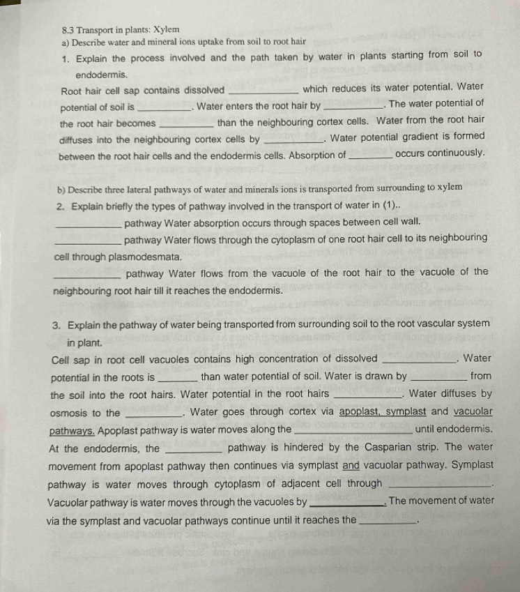 8.3 Transport in plants: Xylem 
a) Describe water and mineral ions uptake from soil to root hair 
1. Explain the process involved and the path taken by water in plants starting from soil to 
endodermis. 
Root hair cell sap contains dissolved _which reduces its water potential. Water 
potential of soil is _. Water enters the root hair by _. The water potential of 
the root hair becomes _than the neighbouring cortex cells. Water from the root hair 
diffuses into the neighbouring cortex cells by _. Water potential gradient is formed 
between the root hair cells and the endodermis cells. Absorption of_ occurs continuously. 
b) Describe three lateral pathways of water and minerals ions is transported from surrounding to xylem
2. Explain briefly the types of pathway involved in the transport of water in (1).. 
_pathway Water absorption occurs through spaces between cell wall. 
_pathway Water flows through the cytoplasm of one root hair cell to its neighbouring 
cell through plasmodesmata. 
_pathway Water flows from the vacuole of the root hair to the vacuole of the 
neighbouring root hair till it reaches the endodermis. 
3. Explain the pathway of water being transported from surrounding soil to the root vascular system 
in plant. 
Cell sap in root cell vacuoles contains high concentration of dissolved _. Water 
potential in the roots is _than water potential of soil. Water is drawn by _from 
the soil into the root hairs. Water potential in the root hairs _. Water diffuses by 
osmosis to the _. Water goes through cortex via apoplast, symplast and vacuolar 
pathways. Apoplast pathway is water moves along the _until endodermis. 
At the endodermis, the _pathway is hindered by the Casparian strip. The water 
movement from apoplast pathway then continues via symplast and vacuolar pathway. Symplast 
pathway is water moves through cytoplasm of adjacent cell through _. 
Vacuolar pathway is water moves through the vacuoles by_ . The movement of water 
via the symplast and vacuolar pathways continue until it reaches the _.