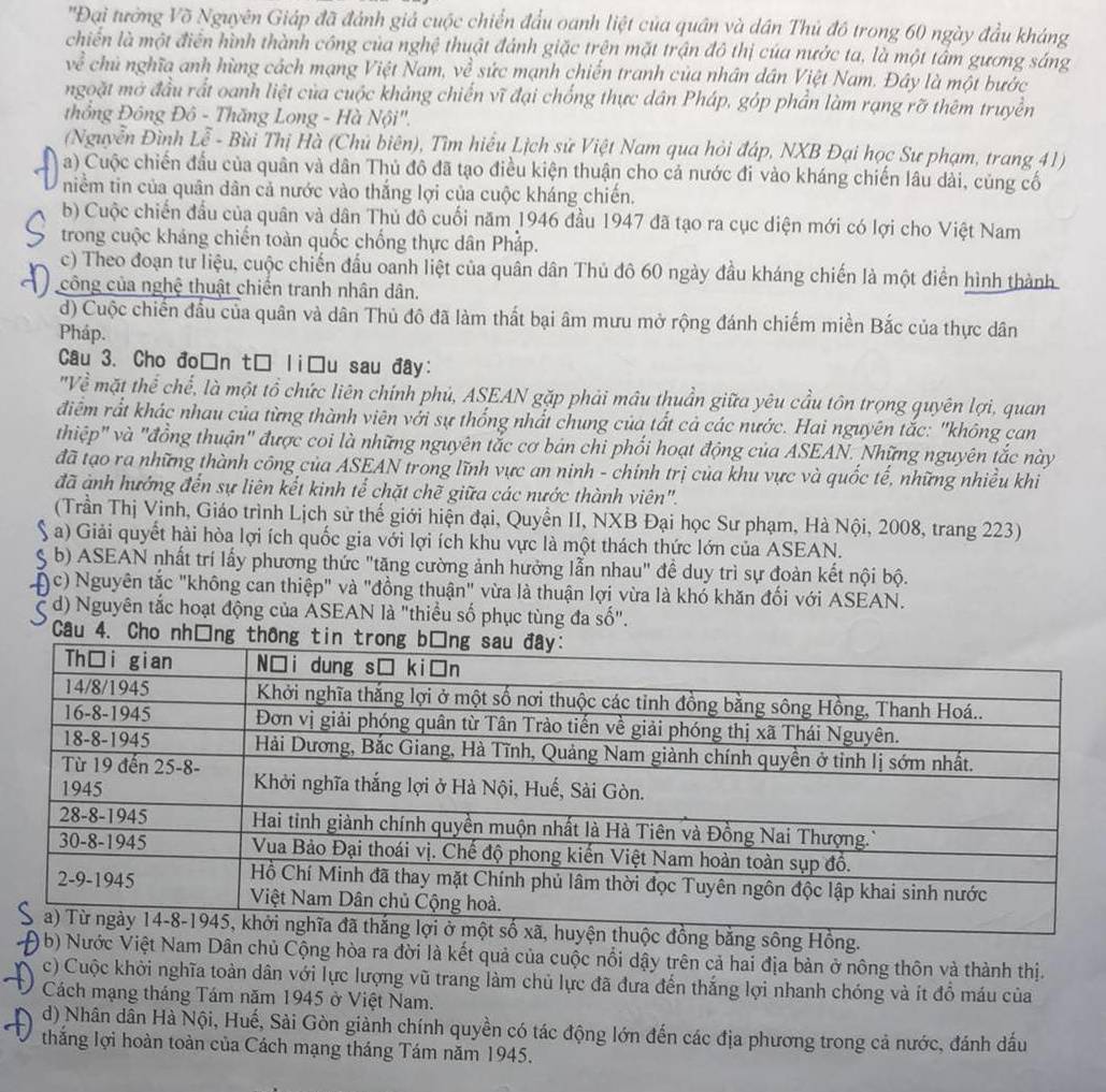 'Đại tướng Võ Nguyên Giáp đã đánh giả cuộc chiến đấu oanh liệt của quân và dân Thủ đồ trong 60 ngày đầu kháng
chiến là một điển hình thành công của nghệ thuật đánh giặc trên mặt trận đô thị của nước ta, là một tâm gương sáng
về chủ nghĩa anh hùng cách mạng Việt Nam, về sức mạnh chiến tranh của nhân dân Việt Nam. Đây là một bước
ngoặt mở đầu rất oanh liệt của cuộc khảng chiến vĩ đại chống thực dân Pháp, góp phần làm rạng rỡ thêm truyền
thông Đông Đô - Thăng Long - Hà Nội".
(Nguyễn Đình Lễ - Bùi Thị Hà (Chủ biên), Tìm hiểu Lịch sử Việt Nam qua hỏi đáp, NXB Đại học Sư phạm, trang 41)
a) Cuộc chiến đầu của quân và dân Thủ đô đã tạo điều kiện thuận cho cả nước đi vào kháng chiến lâu dài, củng cố
niềm tin của quân dân cả nước vào thắng lợi của cuộc kháng chiến.
b) Cuộc chiến đầu của quân và dân Thủ đô cuối năm 1946 đầu 1947 đã tạo ra cục diện mới có lợi cho Việt Nam
trong cuộc kháng chiến toàn quốc chống thực dân Phắp.
c) Theo đoạn tư liệu, cuộc chiến đầu oanh liệt của quân dân Thủ đô 60 ngày đầu kháng chiến là một điển hình thành
công của nghệ thuật chiến tranh nhân dân.
d) Cuộc chiến đấu của quân và dân Thủ đô đã làm thất bại âm mưu mở rộng đánh chiếm miền Bắc của thực dân
Pháp.
Cau 3. Cho đo□n t□ li□u sau đay:
"Về mặt thể chế, là một tổ chức liên chính phủ, ASEAN gặp phải mâu thuần giữa yêu cầu tôn trọng quyên lợi, quan
điểm rất khác nhau của từng thành viên với sự thống nhất chung của tất cả các nước. Hai nguyên tắc: "không can
thiệp" và "đồng thuận" được coi là những nguyên tắc cơ bán chi phối hoạt động của ASEAN. Những nguyên tắc này
đã tạo ra những thành công của ASEAN trong lĩnh vực an ninh - chính trị của khu vực và quốc tế, những nhiều khi
đã ảnh hưởng đến sự liên kết kinh tế chặt chẽ giữa các nước thành viên".
(Trần Thị Vinh, Giáo trình Lịch sử thế giới hiện đại, Quyển II, NXB Đại học Sư phạm, Hà Nội, 2008, trang 223)
S a) Giải quyết hài hòa lợi ích quốc gia với lợi ích khu vực là một thách thức lớn của ASEAN.
§ b) ASEAN nhất trí lấy phương thức "tăng cường ảnh hưởng lẫn nhau" đề duy trì sự đoàn kết nội bộ.
A c) Nguyên tắc "không can thiệp" và "đồng thuận" vừa là thuận lợi vừa là khó khăn đối với ASEAN.
d) Nguyên tắc hoạt động của ASEAN là "thiều số phục tùng đa số".
Câu 4. Cho nh□ng t
băng sông Hồng.
b) Nước Việt Nam Dân chủ Cộng hòa ra đời là kết quả của cuộc nổi dậy trên cả hai địa bản ở nông thôn và thành thị.
c) Cuộc khởi nghĩa toàn dân với lực lượng vũ trang làm chủ lực đã đưa đến thắng lợi nhanh chóng và ít đồ máu của
Cách mạng tháng Tám năm 1945 ở Việt Nam.
d) Nhân dân Hà Nội, Huế, Sài Gòn giành chính quyền có tác động lớn đến các địa phương trong cả nước, đánh dấu
thắng lợi hoàn toàn của Cách mạng tháng Tám năm 1945.