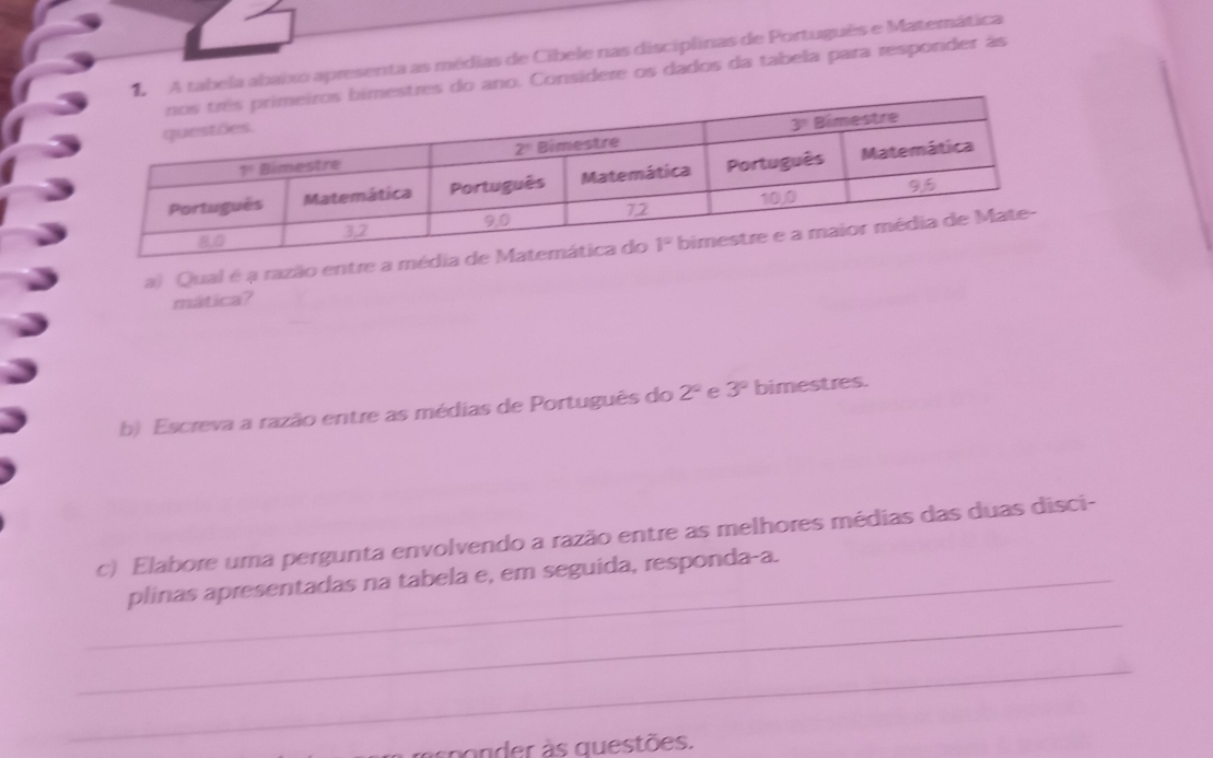 A tabela abaixo apresenta as médias de Cibele nas disciplinas de Português e Matemática
do ano. Considere os dados da tabela para responder às
a) Qual é a razão entre a 
mática?
b) Escreva a razão entre as médias de Português do 2° e 3^2 bimestres.
c) Elabore uma pergunta envolvendo a razão entre as melhores médias das duas disci-
_plinas apresentadas na tabela e, em seguida, responda-a.
_
_
n nder às questões.