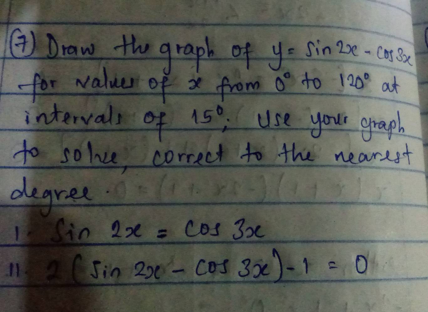 Solved: ④) Draw the graph of y=sin 2x-cos 3x for values of x from 0° to ...