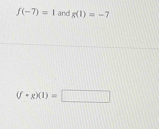 f(-7)=1 and g(1)=-7
(fcirc g)(1)=□