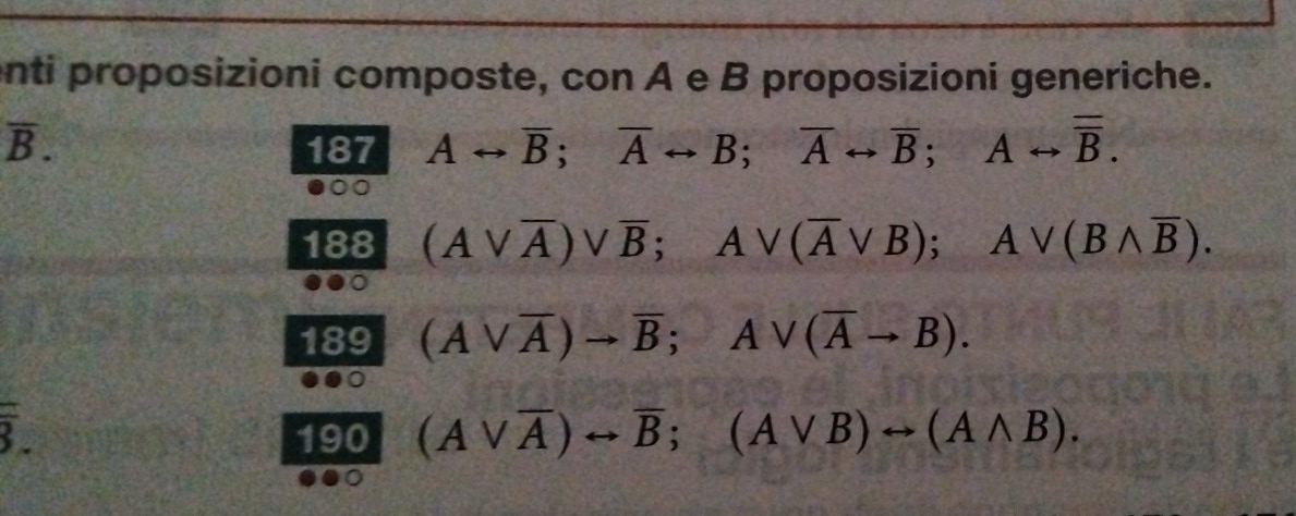 enti proposizioni composte, con A e B proposizioni generiche.
overline B. 187 Arightarrow overline B; overline Arightarrow B; overline Arightarrow overline B; Arightarrow overline B. 
188 (Avee overline A)vee overline B; Avee (overline Avee B); Avee (Bwedge overline B). 
189 (Avee overline A)to overline B; Avee (overline Ato B).
overline overline 3. 
190 (Avee overline A)rightarrow overline B; (Avee B)rightarrow (Awedge B).