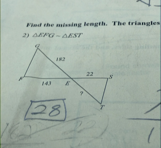 Find the missing length. The triangles 
2) △ EFGsim △ EST