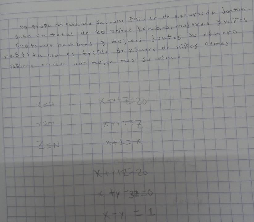 un grupe do personds Sc rounc Para in de excursin juntan- 
dose on total de 2o enire hombres, museres yninos 
contando hombies y mujeres jontos so nimero 
resor to ser el triple donimero de ninos aldemes 
sibiera acudido un mujer mis sy nimere
x=4
x+y+z=20
y=m
x+y=3z
z=N
x+1=x
x+y+z=20
x+y-3z=0
x-y=1