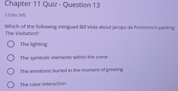 Chapter 11 Quiz - Question 13
3 tries left
Which of the following intrigued Bill Viola about Jacopo da Pontormo's painting
The Visitation?
The lighting
The symbolic elements within the scene
The emotions buried in the moment of greeting
The color interaction