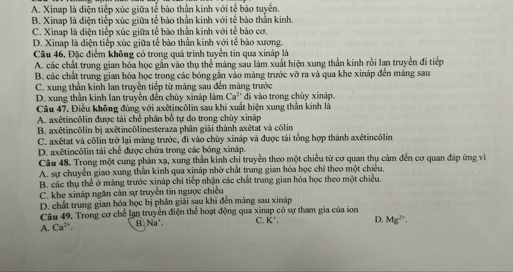 A. Xinap là diện tiếp xúc giữa tế bào thần kinh với tế bào tuyến.
B. Xinap là diện tiếp xúc giữa tế bào thần kinh với tế bào thần kinh.
C. Xinap là diện tiếp xúc giữa tế bào thần kinh với tế bào cơ.
D. Xinap là diện tiếp xúc giữa tế bào thần kinh với tế bào xương.
Câu 46. Đặc điểm không có trong quá trình tuyền tin qua xináp là
A. các chất trung gian hóa học gắn vào thụ thể màng sau làm xuất hiện xung thần kinh rồi lạn truyền đi tiếp
B. các chất trung gian hóa học trong các bóng gắn vào màng trước vỡ ra và qua khe xináp đến màng sau
C. xung thần kinh lan truyền tiếp từ màng sau đến màng trước
D. xung thần kinh lan truyền đến chùy xináp làm Ca^(2+) đi vào trong chùy xináp.
Câu 47. Điều không đúng với axêtincôlin sau khi xuất hiện xung thần kinh là
A. axêtincôlin được tái chế phân bố tự do trong chùy xináp
B. axêtincôlin bị axêtincôlinesteraza phân giải thành axêtat và côlin
C. axêtat và côlin trở lại màng trước, đi vào chùy xináp và được tái tổng hợp thành axêtincôlin
D. axêtincôlin tái chế được chứa trong các bóng xináp.
Câu 48. Trong một cung phản xạ, xung thần kinh chi truyền theo một chiều từ cơ quan thụ cảm đến cơ quan đáp ứng vì
A. sự chuyển giao xung thần kinh qua xináp nhờ chất trung gian hóa học chỉ theo một chiều.
B. các thụ thể ở màng trước xináp chỉ tiếp nhận các chất trung gian hóa học theo một chiều.
C. khe xináp ngăn cản sự truyền tin ngược chiều
D. chất trung gian hóa học bị phân giải sạu khi đến màng sau xináp
Câu 49. Trong cơ chế lạn truyền điện thể hoạt động qua xinap có sự tham gia của ion
A. Ca^(2+). B. Na⁺.
C. K⁺. D. Mg^(2+).