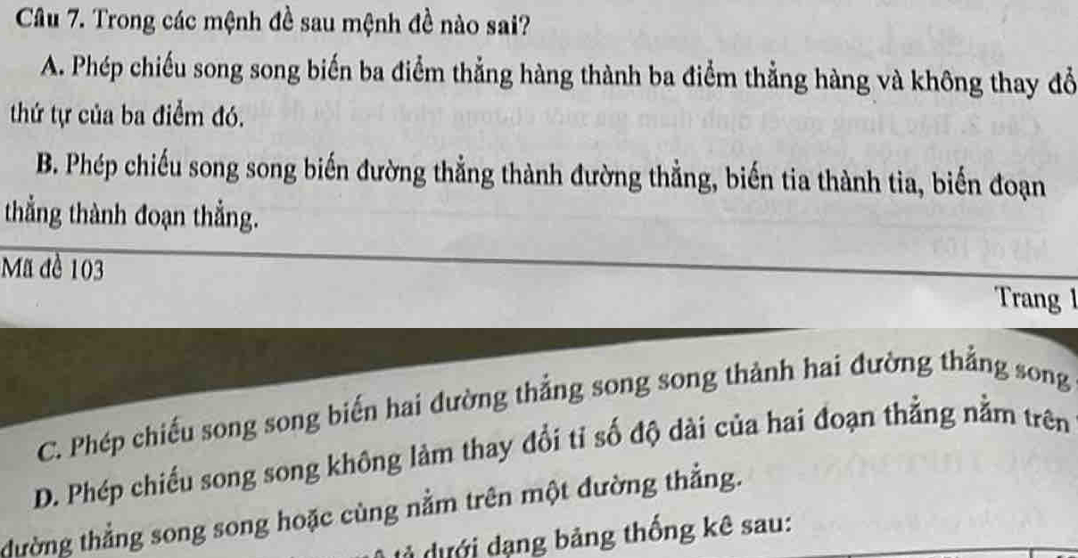 Trong các mệnh đề sau mệnh đề nào sai?
A. Phép chiếu song song biến ba điểm thẳng hàng thành ba điểm thẳng hàng và không thay đổ
thứ tự của ba điểm đó.
B. Phép chiếu song song biến đường thẳng thành đường thẳng, biến tia thành tia, biến đoạn
thắng thành đoạn thẳng.
Mã đề 103
Trang 1
C. Phép chiếu song song biến hai đường thẳng song song thành hai đường thẳng song
D. Phép chiếu song song không làm thay đổi tỉ số độ dài của hai đoạn thẳng nằm trên
tường thẳng song song hoặc cùng nằm trên một đường thẳng.
dưới dạng bảng thống kê sau: