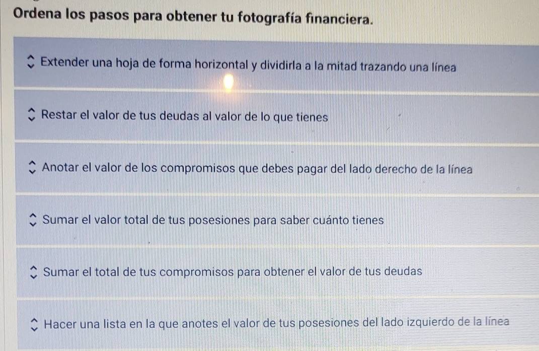 Ordena los pasos para obtener tu fotografía financiera.
Extender una hoja de forma horizontal y dividirla a la mitad trazando una línea
Restar el valor de tus deudas al valor de lo que tienes
Anotar el valor de los compromisos que debes pagar del lado derecho de la línea
Sumar el valor total de tus posesiones para saber cuánto tienes
Sumar el total de tus compromisos para obtener el valor de tus deudas
Hacer una lista en la que anotes el valor de tus posesiones del lado izquierdo de la línea