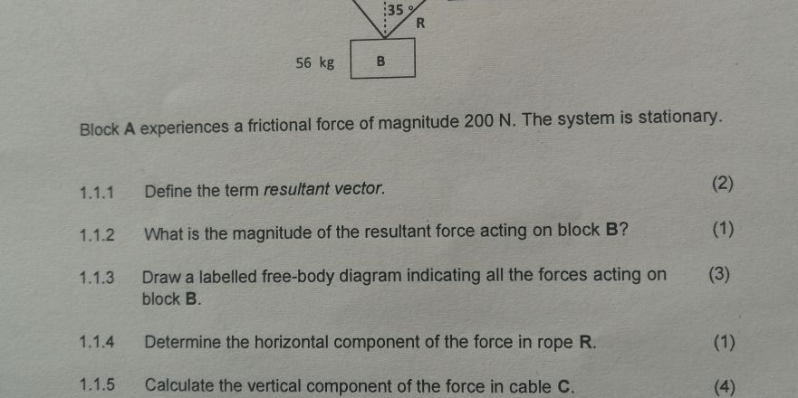 35, 。
R
56 kg B 
Block A experiences a frictional force of magnitude 200 N. The system is stationary. 
1.1.1 Define the term resultant vector. 
(2) 
1.1.2 What is the magnitude of the resultant force acting on block B? (1) 
1.1.3 Draw a labelled free-body diagram indicating all the forces acting on (3) 
block B. 
1.1.4 Determine the horizontal component of the force in rope R. (1) 
1.1.5 Calculate the vertical component of the force in cable C. (4)