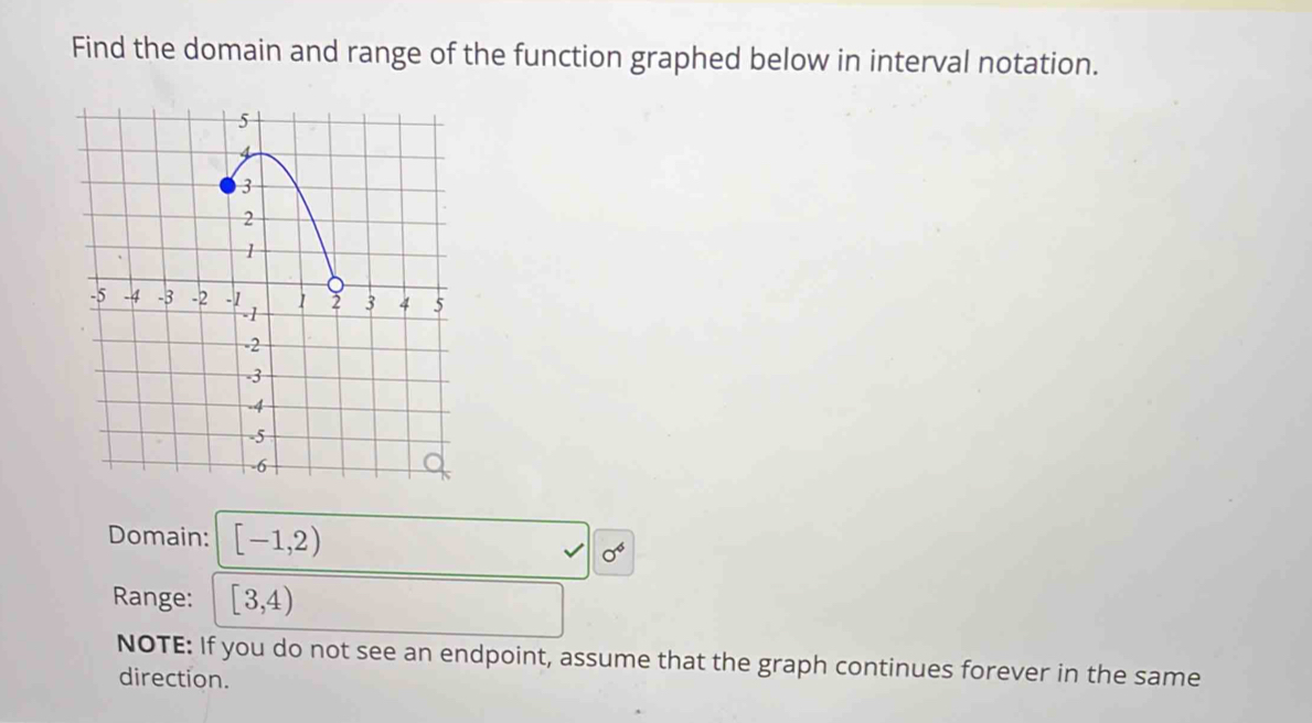 Find the domain and range of the function graphed below in interval notation. 
Domain: [-1,2)
sigma^6
Range: [3,4)
NOTE: If you do not see an endpoint, assume that the graph continues forever in the same 
direction.