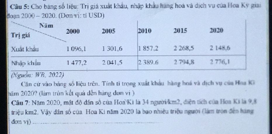 Cho bảng số liệu: Trị giá xuất khẩu, nhập khẩu hàng hoá và dịch vụ của Hoa Ky giai 
doạn 2000 - 2020. (Dơn vị: tỉ USD) 
Căn cứ vào bảng số liệu trên. Tính tỉ trọng xuất khẩu hàng hoá và dịch vụ của Hoa Ki 
hăm 2020? (làm tròn kết quả dến hàng đơn vị ) 
Câu 7: Năm 2020, mật độ dân số của Hoa Kì là 34 người /km2, diện tích của Hoa Ki là 9,8
triệu km2, Vậy dân số của Hoa Ki năm 2020 là bao nhiều triệu người (làm tron đơn hàng 
đơn vj)_