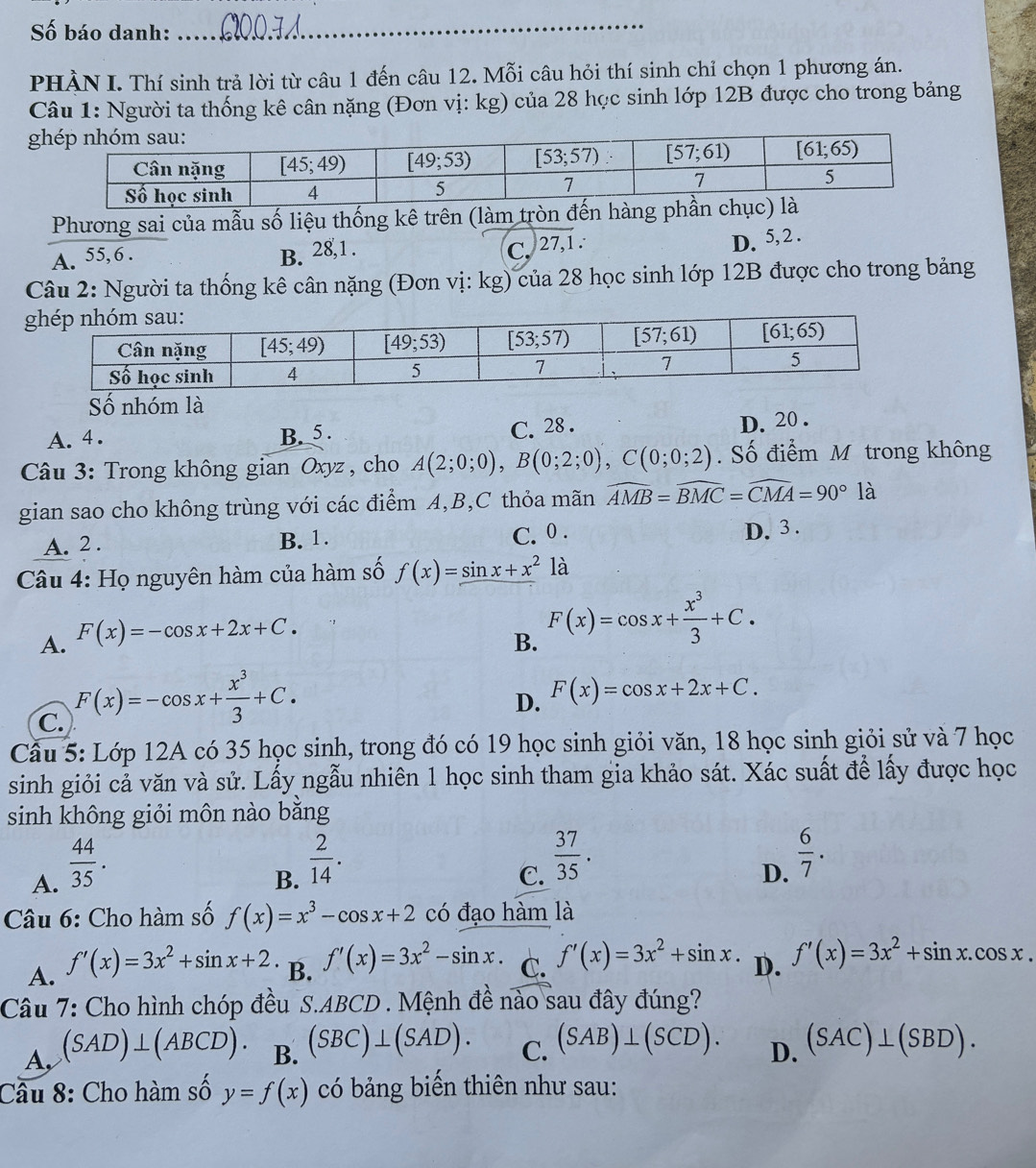 Số báo danh:_
PHÀN I. Thí sinh trả lời từ câu 1 đến câu 12. Mỗi câu hỏi thí sinh chỉ chọn 1 phương án.
Câu 1: Người ta thống kê cân nặng (Đơn vị: kg) của 28 học sinh lớp 12B được cho trong bảng
 
Phương sai của mẫu số liệu thống kê trên (làm tròn đến hàng
A. 55, 6 . B. 28,1.
C. 27,1 .
D. 5, 2 .
Câu 2: Người ta thống kê cân nặng (Đơn vị: kg) của 28 học sinh lớp 12B được cho trong bảng
Số nhóm là
A. 4. B. 5. C. 28 . D. 20 .
Câu 3: Trong không gian Oxyz , cho A(2;0;0),B(0;2;0),C(0;0;2). Số điểm M trong không
gian sao cho không trùng với các điểm A,B,C thỏa mãn widehat AMB=widehat BMC=widehat CMA=90°1dot a
A. 2 . B. 1. C. 0 . D. 3 .
Câu 4: Họ nguyên hàm của hàm số f(x)=sin x+x^2 là
A. F(x)=-cos x+2x+C.
B. F(x)=cos x+ x^3/3 +C.
C. F(x)=-cos x+ x^3/3 +C.
D. F(x)=cos x+2x+C.
Câu 5: Lớp 12A có 35 học sinh, trong đó có 19 học sinh giỏi văn, 18 học sinh giỏi sử và 7 học
sinh giỏi cả văn và sử. Lấy ngẫu nhiên 1 học sinh tham gia khảo sát. Xác suất để lấy được học
sinh không giỏi môn nào bằng
A.  44/35 .
B.  2/14 .
C.  37/35 .
D.  6/7 .
Câu 6: Cho hàm số f(x)=x^3-cos x+2 có đạo hàm là
A. f'(x)=3x^2+sin x+2 B. f'(x)=3x^2-sin x. C. f'(x)=3x^2+sin x. D. f'(x)=3x^2+sin x.cos x.
Câu 7: Cho hình chóp đều S.ABCD . Mệnh đề nào sau đây đúng?
A, (SAD)⊥ (ABCD). B. (SBC)⊥ (SAD). C. (SAB)⊥ (SCD). D. (SAC)⊥ (SBD).
Cầu 8: Cho hàm số y=f(x) có bảng biến thiên như sau: