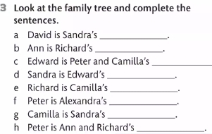 Look at the family tree and complete the 
sentences. 
a David is Sandra's _. 
b Ann is Richard's _. 
c Edward is Peter and Camilla’s_ 
d Sandra is Edward's_ 
. 
_ 
e Richard is Camilla’s . 
f Peter is Alexandra’s _. 
g Camilla is Sandra’s _. 
h Peter is Ann and Richard’s _.