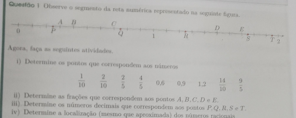 Quesido 1 Observe o segmento da reta numérica representado na seguinte figura. 
Agora, faça as seguintes atividades. 
i) Determine os pontos que correspondem aos números
 1/10   2/10   2/5   4/5  0, 6 0, 9 1, 2  14/10   9/5 
ii) Determine as frações que correspondem aos pontos A, B. C, D e E. 
iii) Determine os números decimais que correspondem aos pontos P, Q, R, S e T. 
iv) Determine a localização (mesmo que aproximada) dos números racionais