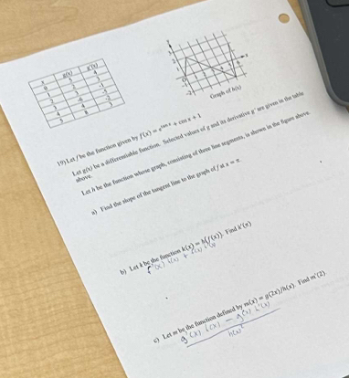 overline 100 1 
` 
、
g(x) 4
、 1 3 A h(x)
1 -6
1
4 f(x)=e^(tan x)+cos x+1
, 
a differentiable function. Selected values of g and its derivative g' are given in the tah Goraghh ol 
19) Let / be the function given by 
et h be the function whose graph, consisting of three line segments, is shown in the figure abov 
Let g(x)
sove 
() Find the stope of the tangent line to the graph of fa x=s
h) Let k be the fanction k(x)=h(f(x)) Find k'(s)
1. Finh 
c) Let m be the function defined by m(x)=g(2x)/h(x) m^2(2)