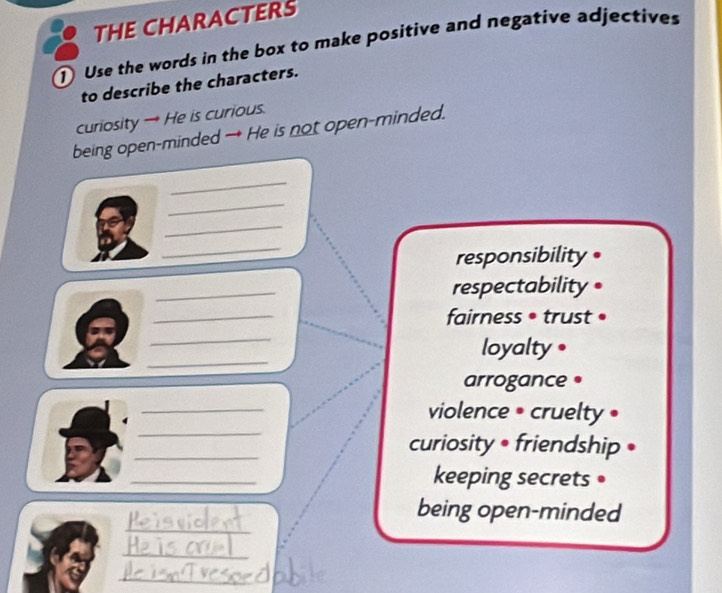 THE CHARACTERS 
① Use the words in the box to make positive and negative adjectives 
to describe the characters. 
curiosity → He is curious. 
being open-minded → He is not open-minded. 
_ 
_ 
_ 
_ 
responsibility• 
_ 
respectability 
_ 
fairness • trust • 
_ 
_ 
loyalty . 
arrogance• 
_ 
_ 
violence • cruelty• 
_ 
curiosity • friendship • 
_ 
keeping secrets • 
_ 
being open-minded 
_ 
_