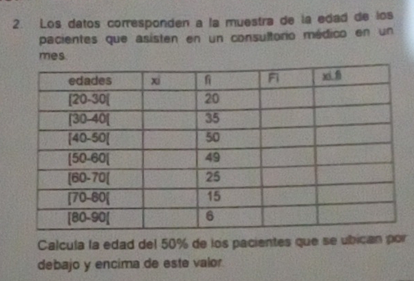 Los datos corresponden a la muestra de la edad de los
pacientes que asisten en un consultorio médico en un
mes.
Calcula la edad del 50% de los pacientes que se ubican por
debajo y encima de este valor