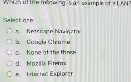 Which of the fo owing is an example of a LAN?
Select one:
a. Netscape Navigator
b. Google Chrome
c. None of the these
d. Mozilla Firefox
e. Internet Explorer