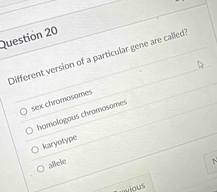 Questión 20
Different version of a particular gene are called?
sex chromosomes
homologous chromosomes
karyotype
allele
N
ovious