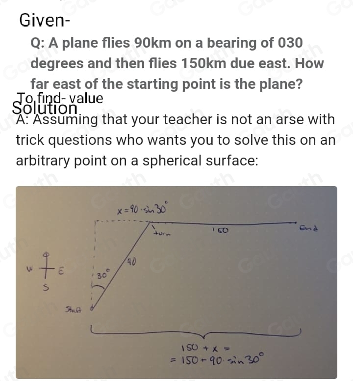 Solved: A plane flies 90km on a bearing of 30^o and then 150km due East ...