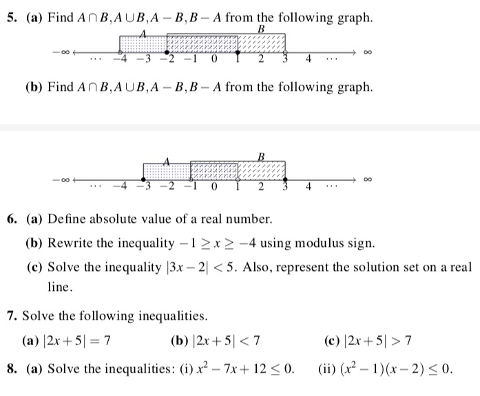 Find A∩ B, A∪ B, A-B, B-A from the following graph. 
(b) Find A∩ B, A∪ B, A-B, B- -A from the following graph. 
A. 
B
∞
-∞ -3 -2 -1 0 1 2 3 4...
-4
6. (a) Define absolute value of a real number. 
(b) Rewrite the inequality -1≥ x≥ -4 using modulus sign. 
(c) Solve the inequality |3x-2|<5</tex> . Also, represent the solution set on a real 
line. 
7. Solve the following inequalities. 
(a) |2x+5|=7 (b) |2x+5|<7</tex> (c) |2x+5|>7
8. (a) Solve the inequalities: (i) x^2-7x+12≤ 0. (ii) (x^2-1)(x-2)≤ 0.