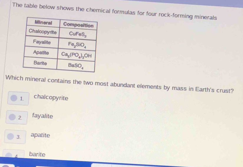 The table below shows the chemical formulas for four rock-forming minerals
Which mineral contains the two most abundant elements by mass in Earth's crust?
1. chalcopyrite
2. fayalite
3. apatite
A barite