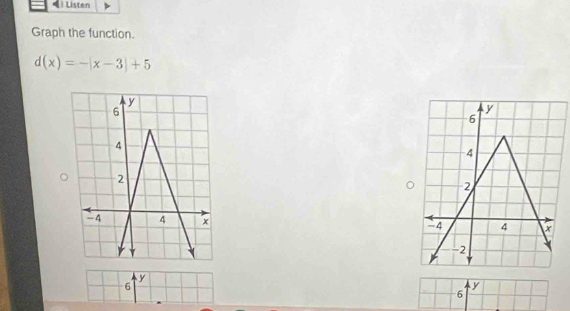 Listen 
Graph the function.
d(x)=-|x-3|+5

y
6
y
6