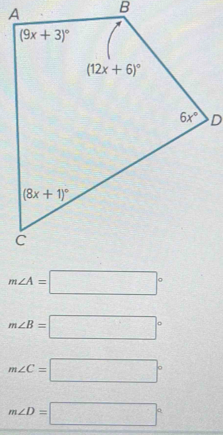 m∠ A=□°
m∠ B=□°
m∠ C=□°
m∠ D=□°