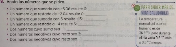 Anota los números que se piden. 
_ 
Un número que sumado con −5.06 resulte 0 : para saber más de 
Un número que restado de −2.04 resulte 0: _VIDA SALUDABLE 
Un número que sumado con 6 resulte −15 : _La temperatura 
Un número que restado a −4 resulte 5 : _normal del cuerpo 
Dos números cuya suma sea −1 : _humano es de
36.8°C, 
Dos números negativos cuya resta sea 3 : _, pero durante 
Dos números negativos cuya resta sea −1 : _el dia varia 0.5°C más
circ 0.5°C menos.