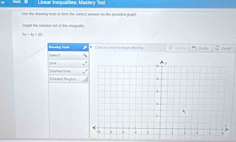 Next Linear Inequalities: Mastery Test 
Use the drawing tools to form the correct answer on the provided graph. 
Graph the solution set of this inequality
5x-4y>20
Drawing Tools Click on a tool to begin drawing. Undo Reset 
Select 
Line 
Dashed Line 
Shaded Region
