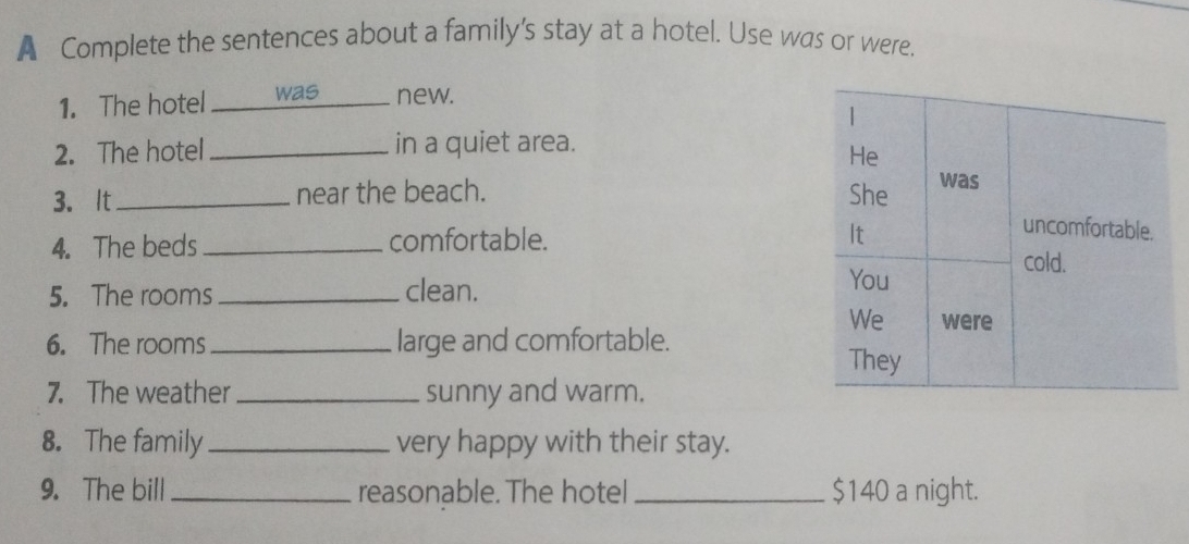 A Complete the sentences about a family's stay at a hotel. Use was or were. 
1. The hotel _was_ new. 
2. The hotel _in a quiet area. 
3. It_ near the beach. 
4. The beds comfortable. 
5. The rooms _clean. 
6. The rooms_ large and comfortable. 
7. The weather _sunny and warm. 
8. The family_ very happy with their stay. 
9. The bill _reasonable. The hotel _ $140 a night.