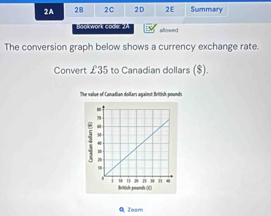 2A 2B 2C 2D 2E Summary 
Bookwork code: 2A allowed 
The conversion graph below shows a currency exchange rate. 
Convert £35 to Canadian dollars ($). 
The value of Canadian dollars against British pounds
Q Zoom