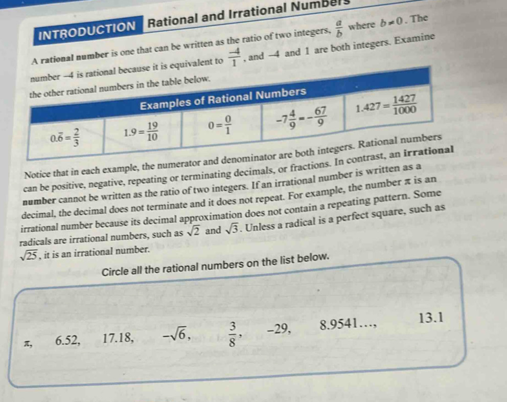 Solved: INTRODUCTION Rational and Irrational Numbers A rational number ...