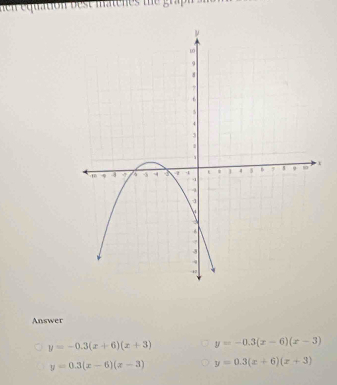 hen equation best matenes the gra h 
Answer
y=-0.3(x+6)(x+3)
y=-0.3(x-6)(x-3)
y=0.3(x-6)(x-3)
y=0.3(x+6)(x+3)