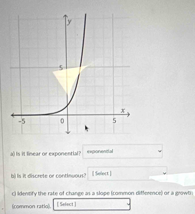 Is it linear or exponential? exponential 
b) Is it discrete or continuous? [ Select ] 
c) Identify the rate of change as a slope (common difference) or a growth 
(common ratio). [ Select ]