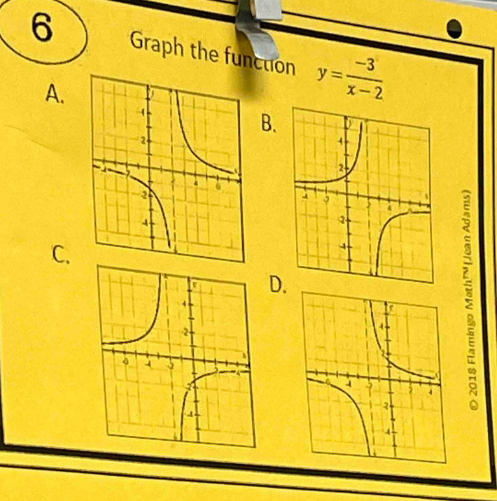 Graph the function y= (-3)/x-2 
A. 
B. 
C. 
D. 
: