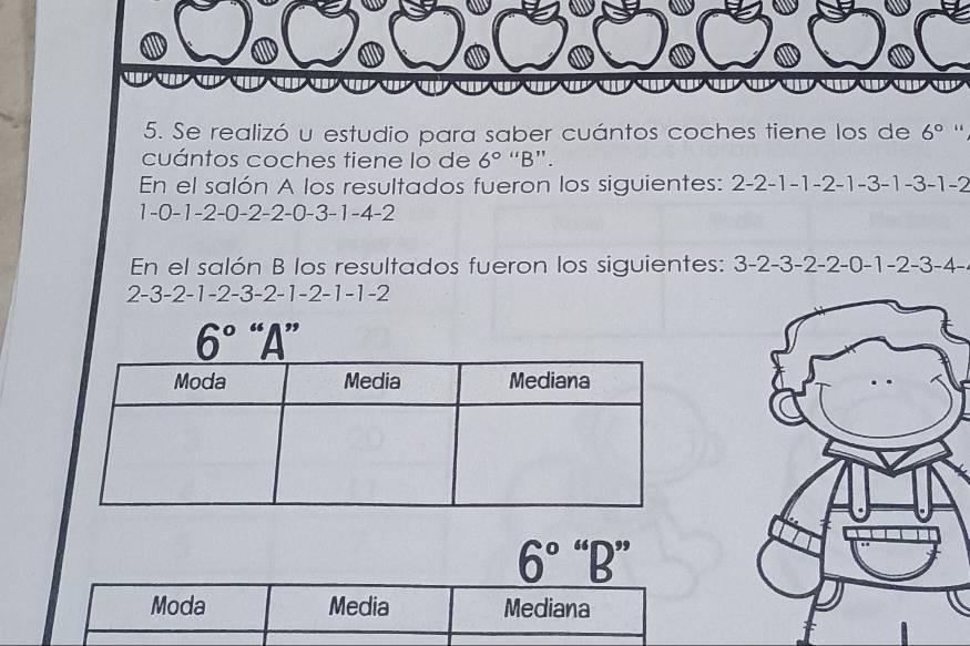 Se realizó u estudio para saber cuántos coches tiene los de 6° “ 
cuántos coches tiene lo de 6^(011) B". 
En el salón A los resultados fueron los siguientes: 2-2 -1 -1 -2 -1 -3 -1 -3 -1-2
1 -0 -1 -2 -0 -2 -2 -0 -3 -1 -4 -2
En el salón B los resultados fueron los siguientes: 3-2 -3 -2 -2 -0 -1 -2 -3-4
2 -3 -2 -1 -2 -3 -2 -1 -2 -1 -1 -2
6° “A”
6°°D
5
Moda Media Mediana