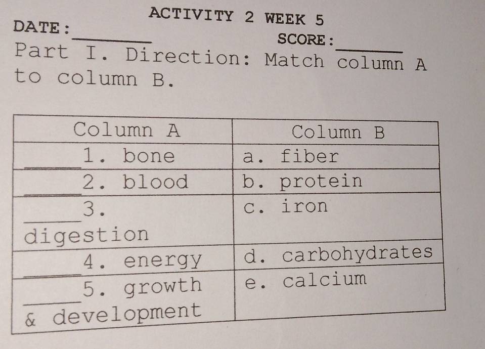 ACTIVITY 2 WEEK 5 
DATE :_ SCORE : 
Part I. Direction: Match column A 
to column B.