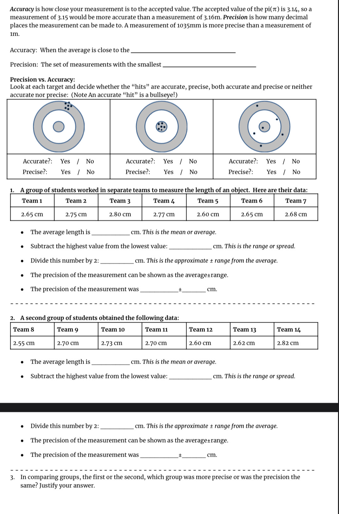 Accuracy is how close your measurement is to the accepted value. The accepted value of the pi(π ) is 3.14, so a 
measurement of 3.15 would be more accurate than a measurement of 3.16m. Precision is how many decimal 
places the measurement can be made to. A measurement of 1035mm is more precise than a measurement of
1m. 
Accuracy: When the average is close to the_ 
Precision: The set of measurements with the smallest_ 
Precision vs. Accuracy: 
Look at each target and decide whether the “hits” are accurate, precise, both accurate and precise or neither 
Anurate “hit” is a bullse 
The average length is_ cm. This is the mean or average. 
Subtract the highest value from the lowest value:_ cm. This is the range or spread. 
Divide this number by 2: _ cm. This is the approximate ± range from the average. 
The precision of the measurement can be shown as the average±range. 
The precision of the measurement was_ *_ cm. 
The average length is_ cm. This is the mean or average. 
Subtract the highest value from the lowest value: _cm. This is the range or spread. 
Divide this number by 2: _ cm. This is the approximate ± range from the average. 
The precision of the measurement can be shown as the average±range. 
The precision of the measurement was _+_ cm. 
3. In comparing groups, the first or the second, which group was more precise or was the precision the 
same? Justify your answer.