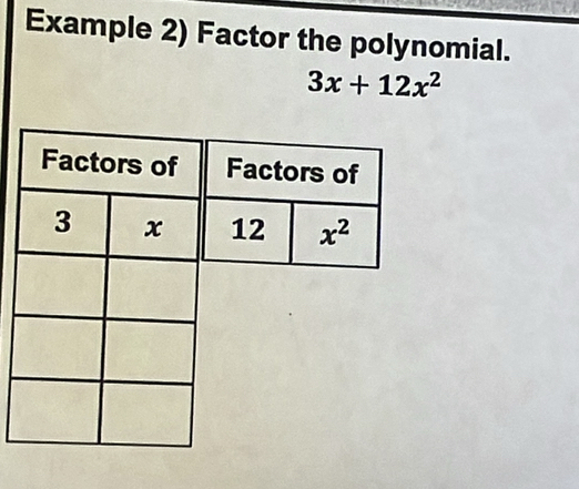 Example 2) Factor the polynomial.
3x+12x^2