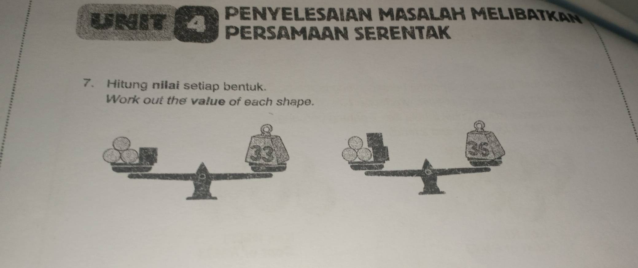 UNIT 
PEnyELeSaIAn MasaLaH MELiBatKa 
PERSAMAAN SERENTAK 
7. Hitung nilai setiap bentuk. 
Work out the value of each shape.