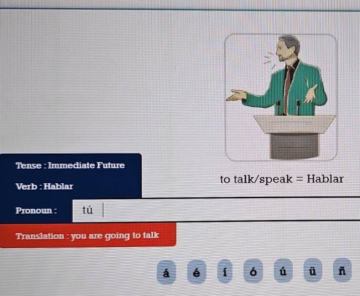 Tense : Immediate Future 
to talk/speak = Hablar 
Verb : Hablar 
Pronoun : tú 
Translation : you are going to talk 
á é í 6 ú ü