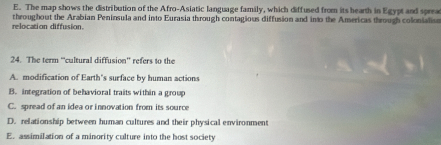 The map shows the distribution of the Afro-Asiatic language family, which diffused from its hearth in Egypt and sprea
throughout the Arabian Peninsula and into Eurasia through contagious diffusion and into the Americas through colonialise
relocation diffusion.
24. The term “cultural diffusion” refers to the
A. modification of Earth’s surface by human actions
B. integration of behavioral traits within a group
C. spread of an idea or innovation from its source
D. relationship between human cultures and their physical environment
E. assimilation of a minority culture into the host society