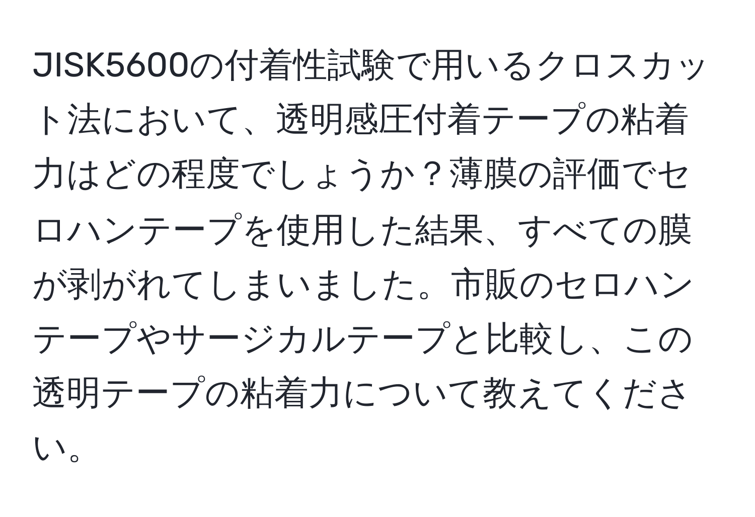 JISK5600の付着性試験で用いるクロスカット法において、透明感圧付着テープの粘着力はどの程度でしょうか？薄膜の評価でセロハンテープを使用した結果、すべての膜が剥がれてしまいました。市販のセロハンテープやサージカルテープと比較し、この透明テープの粘着力について教えてください。