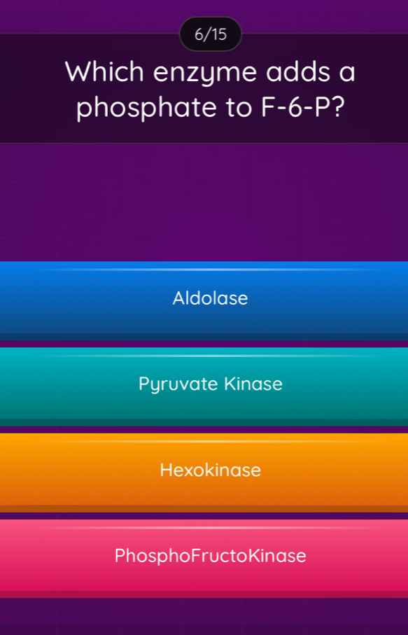 6/15
Which enzyme adds a
phosphate to F-6-P ?
Aldolase
Pyruvate Kinase
Hexokinase
PhosphoFructoKinase