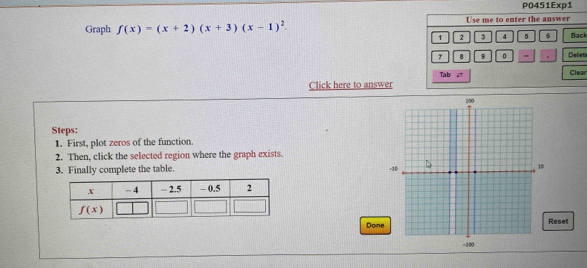 P0451Exp1
Graph f(x)=(x+2)(x+3)(x-1)^2. Use me to enter the answer
1 2 3 4 5 6 Back
7 8 9 。 = . Delen
Tab Clear
Click here to answer
Steps:
1. First, plot zeros of the function.
2. Then, click the selected region where the graph exists.
3. Finally complete the table. 
DoneReset